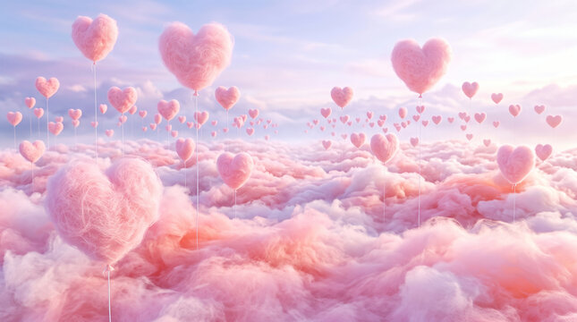 Dreamy pink cloud hearts surreal fantasy sky romance whimsical cotton candy love pastel hues imagination serenity inspiration resilience harmony symbolism   generative ai
