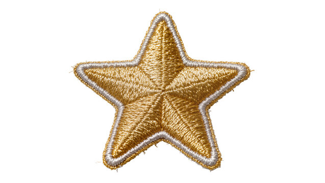 Golden embroidered star patch with silver trim, isolated on transparent background