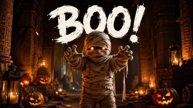 Spooky mummy character standing in a dark room surrounded by glowing jack o lanterns for halloween night
