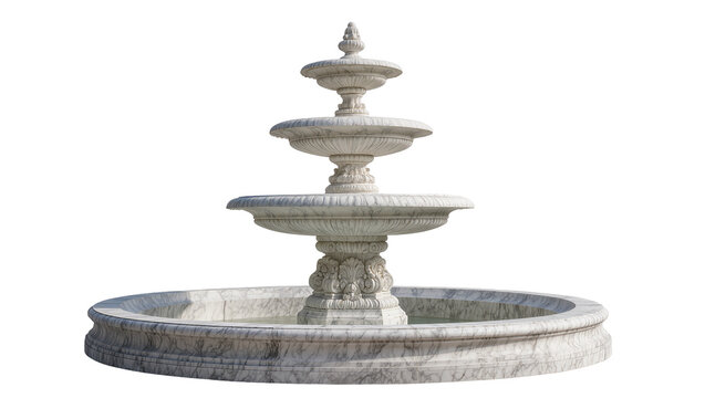 Ornate tiered marble fountain with water basin, isolated on transparent background
