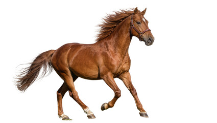 Brown horse with flowing mane and tail wearing a bridle, isolated on transparent background © Viktor