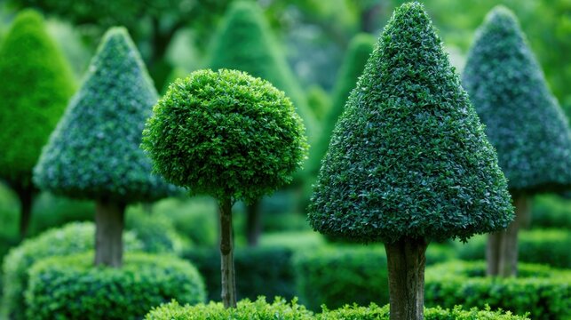 Lush Green Topiary Trees in a Well-Maintained Garden Landscape with Symmetrical Shapes and Vibrant Green Foliage Under Bright Natural Light