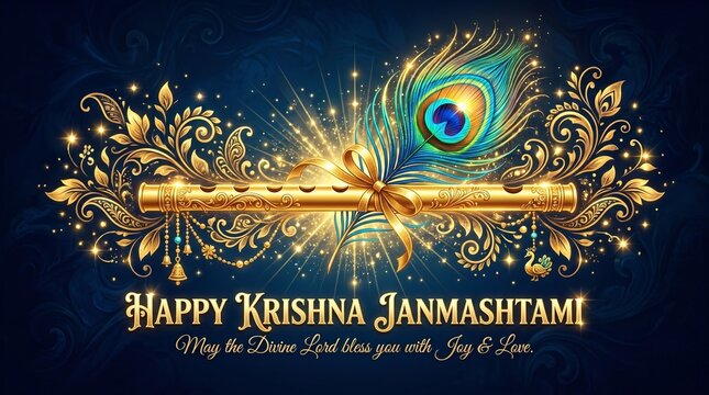 Happy Krishna Janmashtami luxury horizontal greeting banner featuring glowing golden typography, an ornate flute, a peacock feather, and sparkling light effects on a dark black background.