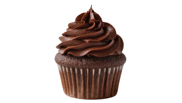 Rich chocolate cupcake with swirled frosting, isolated on transparent background