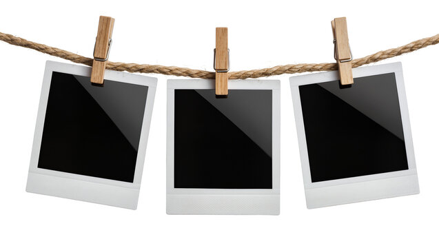 Three blank instant photo prints with wooden clothespins on a rope, isolated on transparent background
