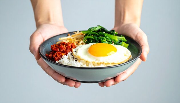 Hands holding a bowl of delicious Nasi Campur with fried egg, spinach, and chili sauce.