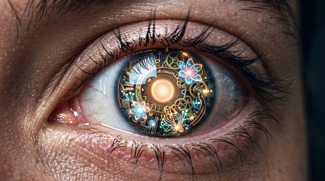 Close up of an eyeball where the iris is a lush green forest and the pupil is a camera lens aperture