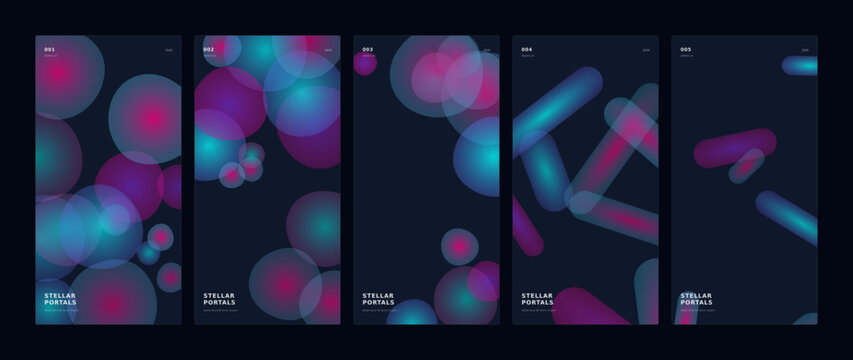Set of five abstract neon gradient backgrounds with glowing circles and geometric shapes