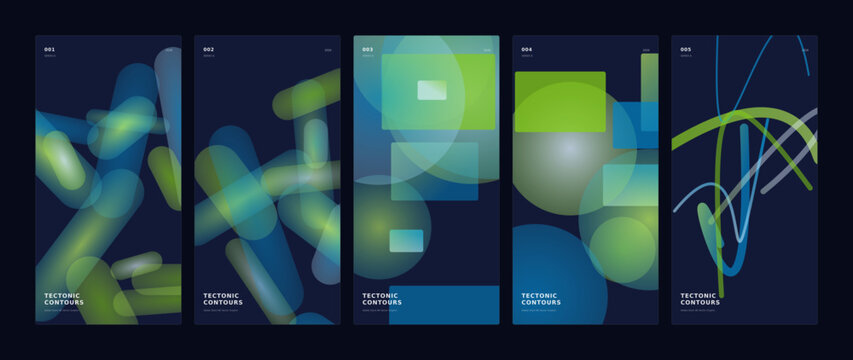 Set of five abstract geometric backgrounds with glowing blue and green gradient shapes.