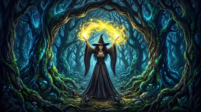 Mystical witch standing in a dark enchanted forest with glowing magical energy emanating from her hands