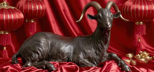 Fototapeta premium Bronze goat statue displayed with red silk and festive lanterns, embodying prosperity and Lunar New Year traditions.
