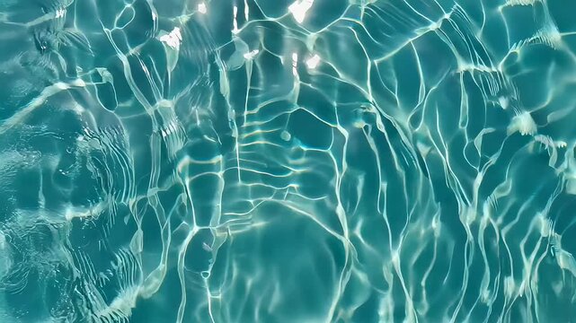 Surface of blue swimming pool water with bright sunlight reflections. Rippling liquid motion and abstract caustics texture for vacation and summer relax background.