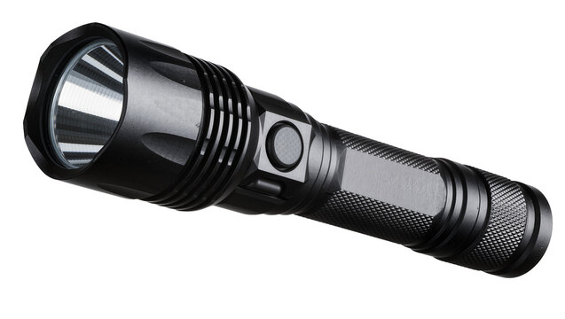 Black metal tactical flashlight with textured grip, isolated on transparent background