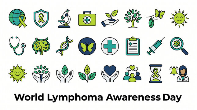 World Lymphoma Awareness Day icons health medicine ribbon DNA stethoscope butterfly global support cancer education solidarity resilience compassion prevention wellness   generative ai