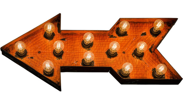 Rustic wooden arrow sign with illuminated incandescent bulbs, isolated on transparent background