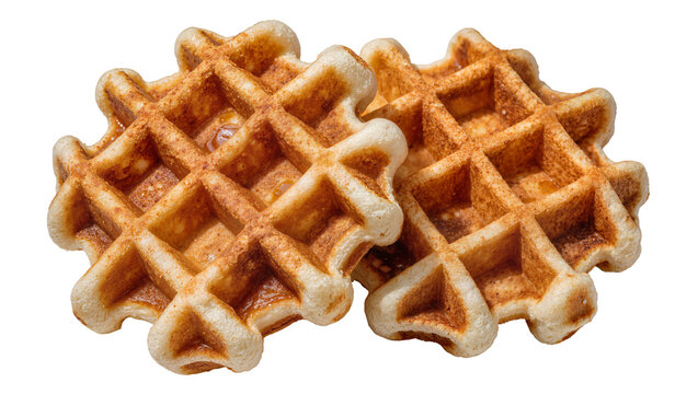 Two golden brown waffles with grid pattern, isolated on transparent background