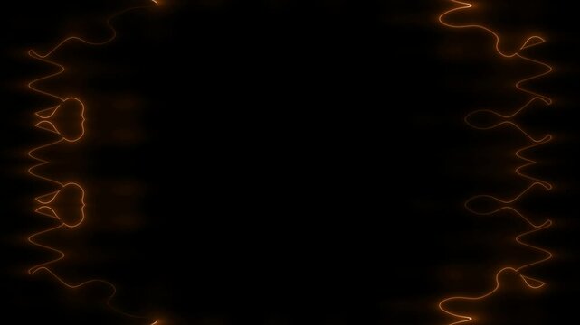 Frame, long rectangular vertical decorated, forming a square, orange, golden lines of lightening and darkening light on a black background. Space for your own content.