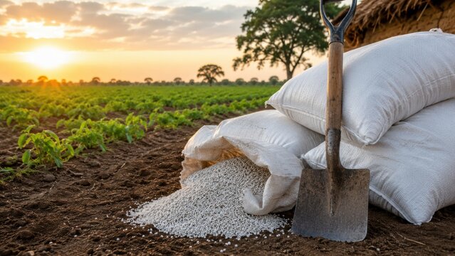 Fertilizer bags and shovel on farm field at sunset