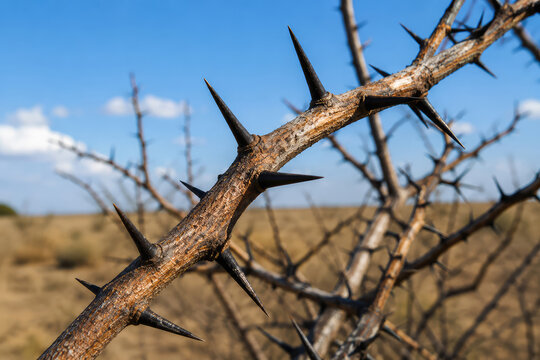 Sharp Thorns on Dry Tree Branch in Arid Landscape