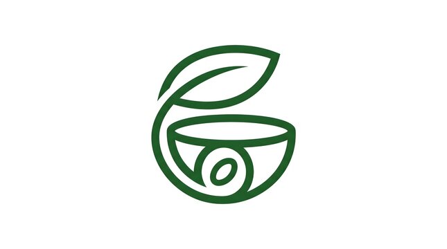 Minimalist green line art logo design featuring a bowl combined with a fresh growing leaf