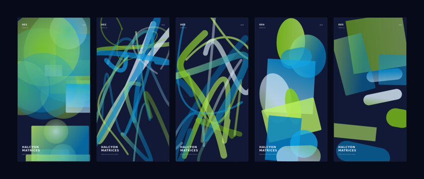 Abstract geometric poster set with modern blue and green gradient shapes on dark background