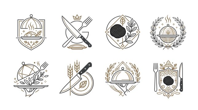 A collection of elegant fine dining and luxury restaurant logo templates featuring minimalist line art illustrations of food cloches