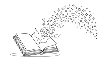 Fototapeta premium Magical Open Book Illustration with Flying Pages and Sparkling Stars Line Art