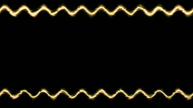 Rectangular horizontal wavy glowing neon shiny fiery orange long lines frame with shaking light effect on black background. In the middle there is a place for your own content.