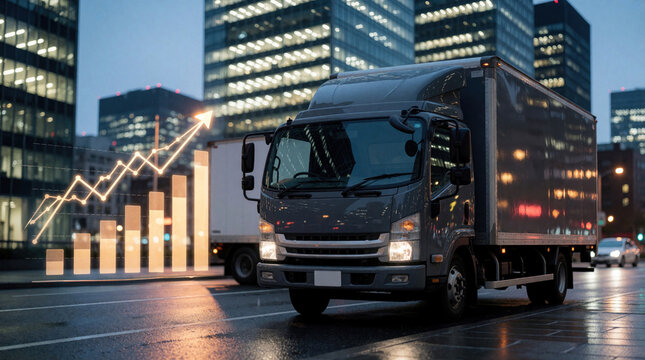 Delivery truck drives on city street near skyscrapers with rising graph overlay. Business logistics and finance concept of growth and success on urban transport.