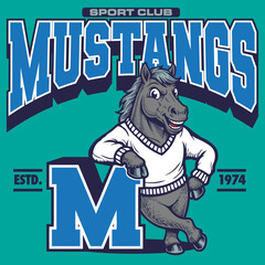 Fototapeta premium Mustangs Sporty Vintage Retro Mascot Character Design Vector Illustration in Hand Drawing Style Leaning a Block Alphabet Monogram