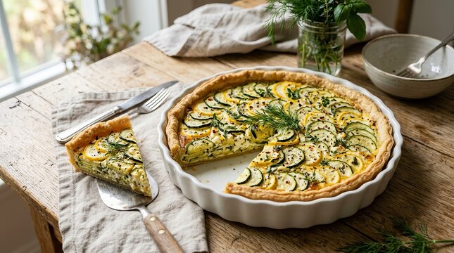 Homemade savory vegetable and cheese quiche served on rustic wooden table.