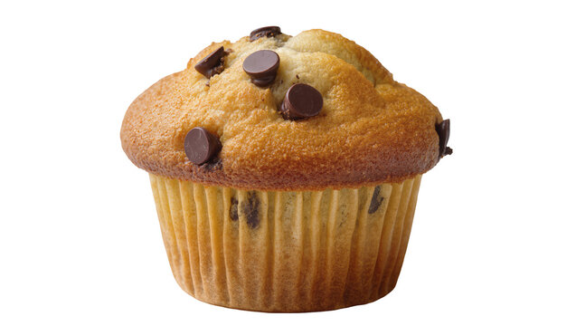 Golden brown chocolate chip muffin with a fluffy top, isolated on transparent background