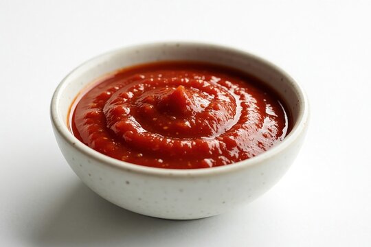 Bowl of Sriracha sauce for dipping or cooking. Red chili condiment in ceramic dish for adding spice to food. Hot flavor sauce.
