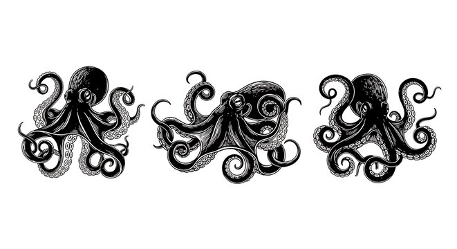 Vintage engraving of three detailed octopus illustrations in a symmetrical artistic arrangement