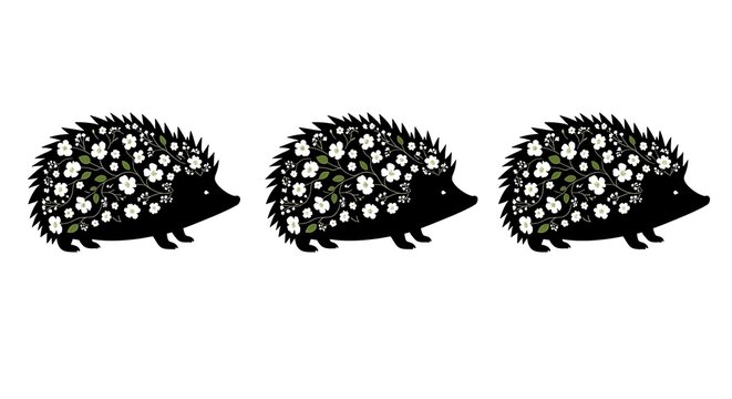 Three hedgehogs formed from various animal silhouettes in a unique and artistic illustration