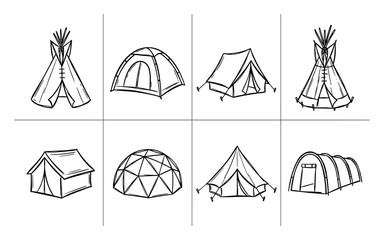 Hand drawn collection of different tent styles for camping and outdoor adventures © MDSAIFUL