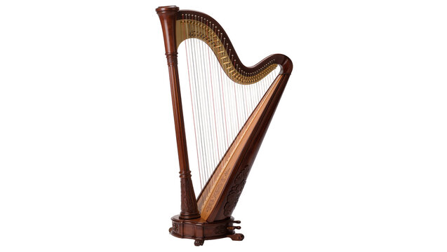 Ornate dark wood harp with golden accents, isolated on transparent background