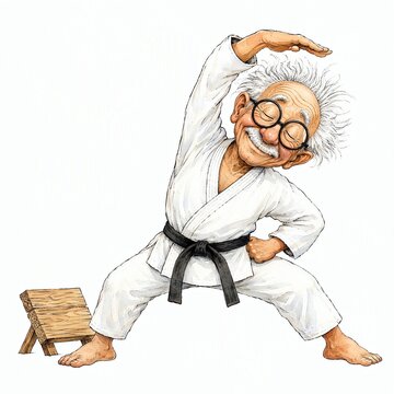 Elderly Man in Karate Stance Breaking Board