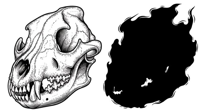 Detailed illustration of a canine skull and a shadowy wolf silhouette against a white background
