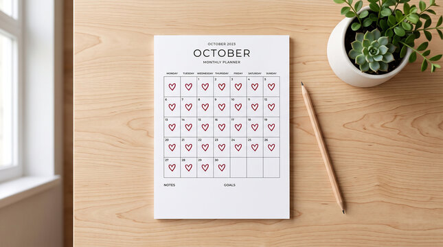 October monthly calendar red hearts daily tracking habit self-care wellness growth resilience consistency motivation inspiration progress mindfulness achievement balance   generative ai