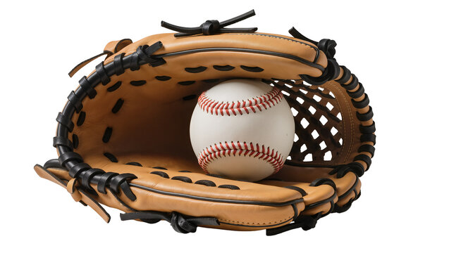 Leather baseball glove cradling a white ball with red stitching, isolated on transparent background
