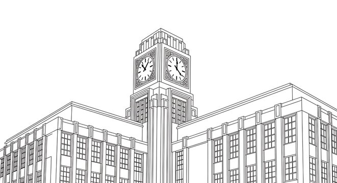 Detailed black and white sketch of a grand art deco building with a prominent clock tower