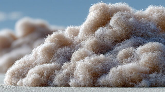 Fluffy wool mound forms a soft cloud shape against a muted blue horizon.