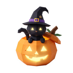 A cute low poly black cat wearing a witch hat sitting inside a glowing jack o lantern pumpkin