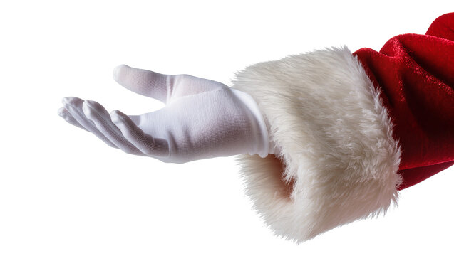 Santa Claus white gloved hand extended, isolated on transparent background