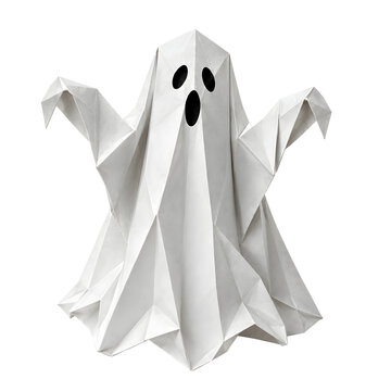 A white origami ghost made of folded paper isolated on a transparent background for halloween