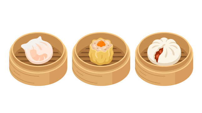 Flat style vector illustration set of Chinese dim sum in bamboo steamers. Perfect for food, menu, restaurant, and Asian cuisine designs