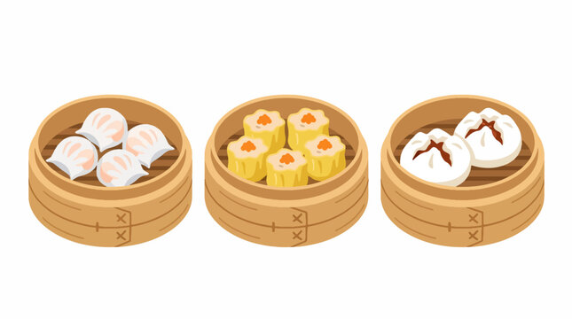 Flat style vector illustration set of Chinese dim sum in bamboo steamers. Perfect for food, menu, restaurant, and Asian cuisine designs
