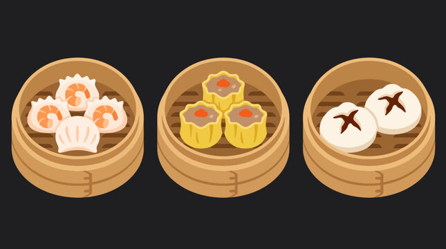 Flat style vector illustration set of Chinese dim sum in bamboo steamers. Perfect for food, menu, restaurant, and Asian cuisine designs
