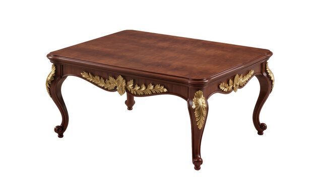 Ornate dark wood coffee table with gold leaf accents, isolated on transparent background